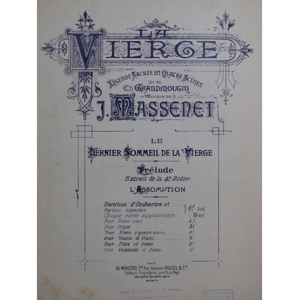 MASSENET Jules Le Dernier Sommeil de la Vierge Prélude Violon Piano 1891