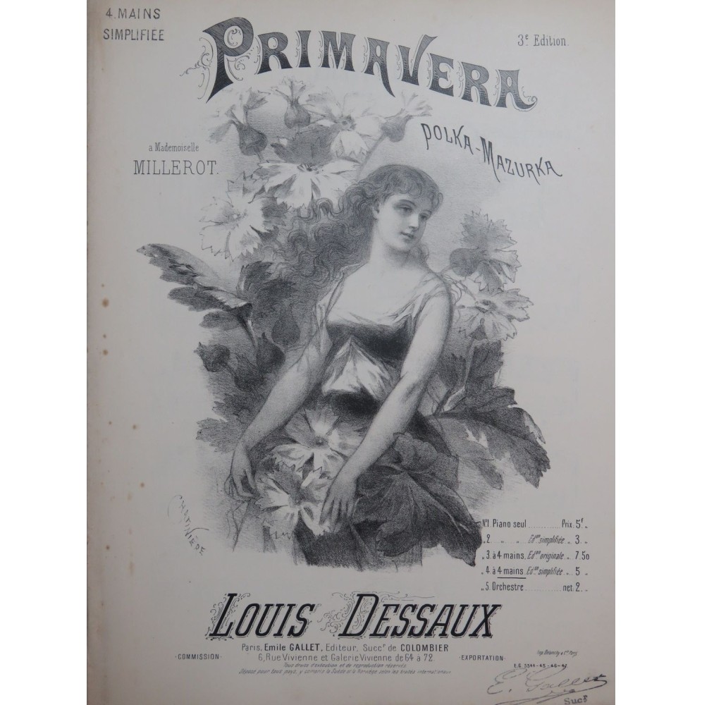 DESSAUX Louis Primavera Polka Mazurka Piano 4 mains ca1898