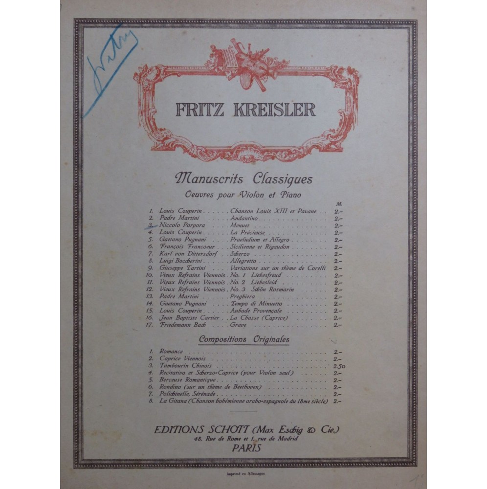PORPORA Niccolo Menuet Menuett Violon Piano 1911