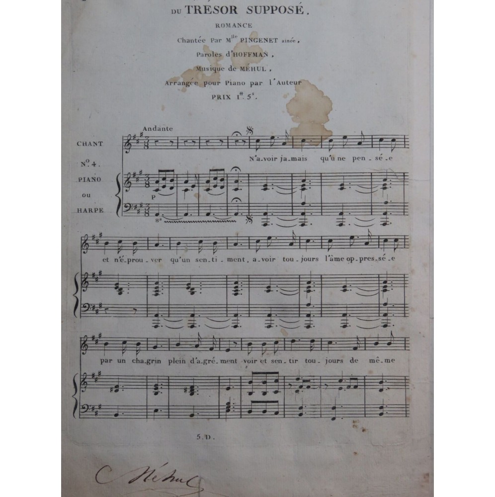 MÉHUL Le Trésor Supposé No 4 Romance Signature Chant Piano ou Harpe ca1805