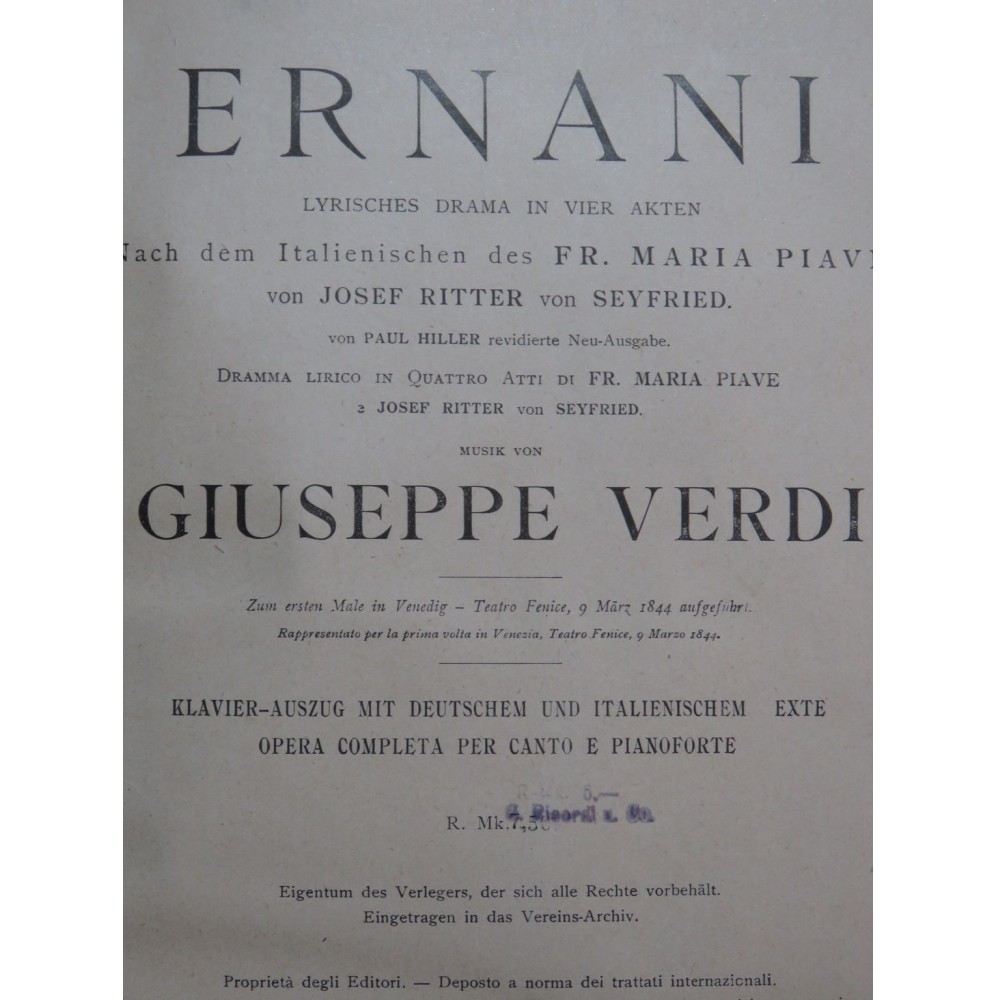 VERDI Giuseppe Ernani Opéra Allemand Italien Chant Piano
