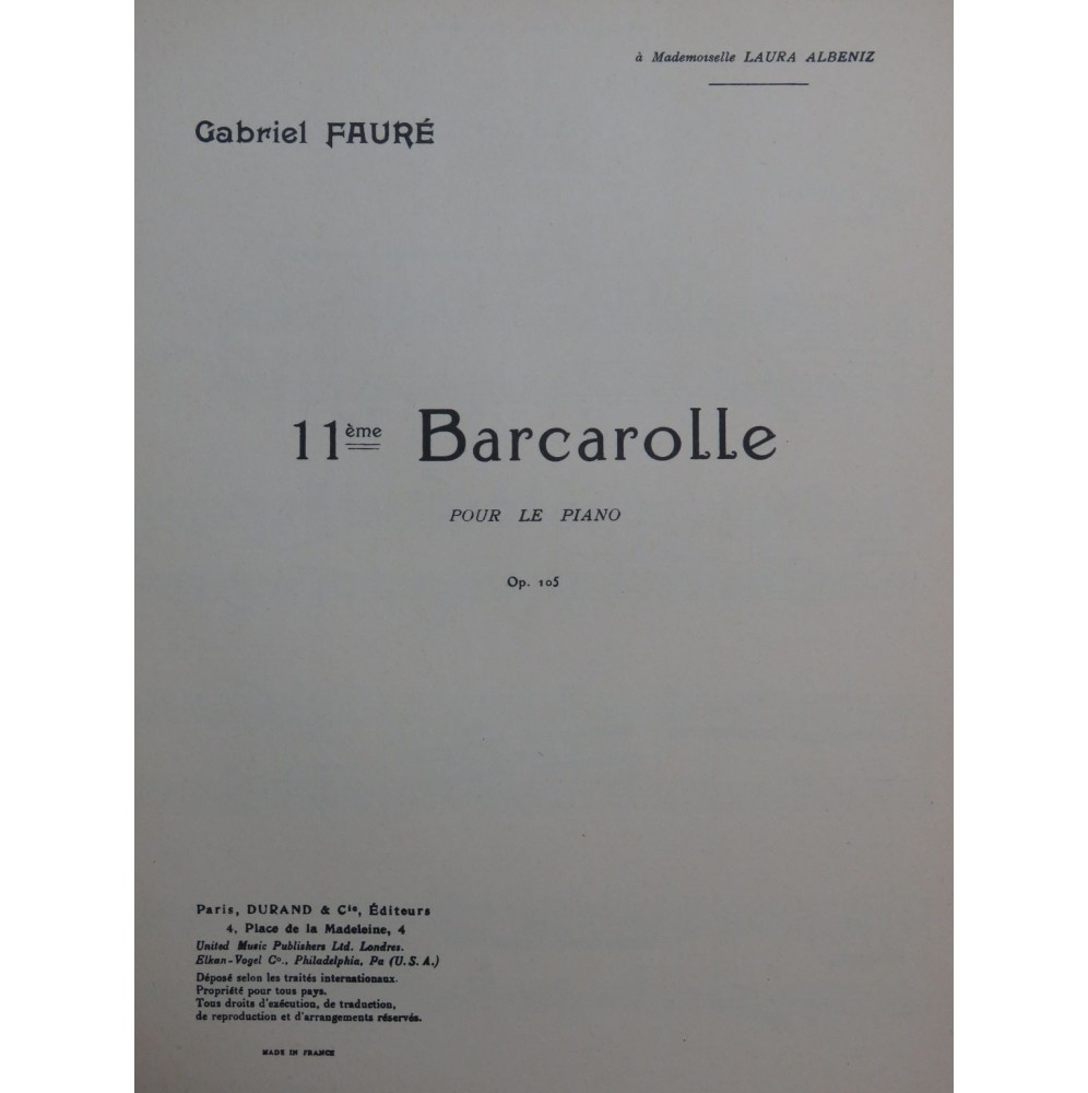 FAURÉ Gabriel Barcarolle No 11 op 105 Piano 1963