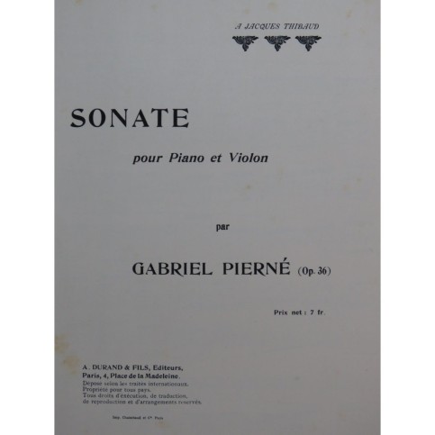 PIERNÉ Gabriel Sonate op 36 Piano Violon 1901