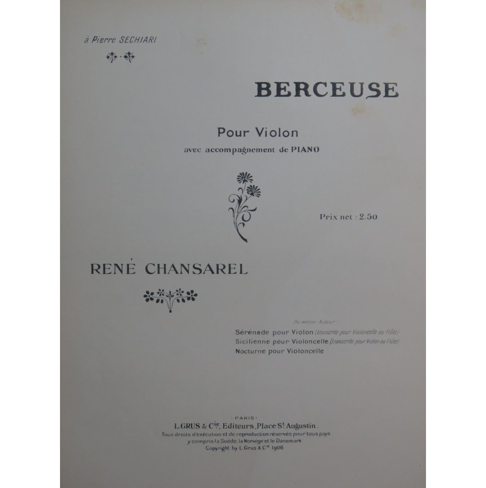 CHANSAREL René Berceuse Violon Piano 1906