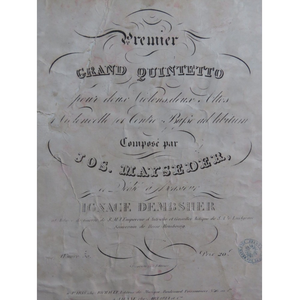 MAYSEDER Joseph Quintette No 1 Violons Altos Violoncelle ca1845