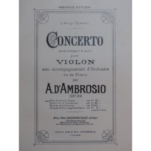 D'AMBROSIO Alfredo Concerto op 29 Violon Piano 1904