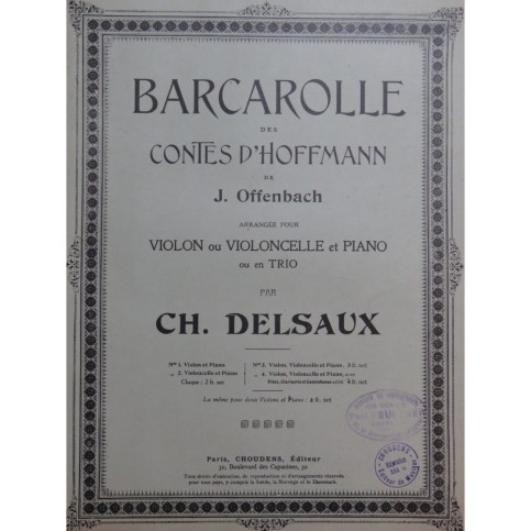 OFFENBACH Jacques Barcarolle Piano Violon 1928