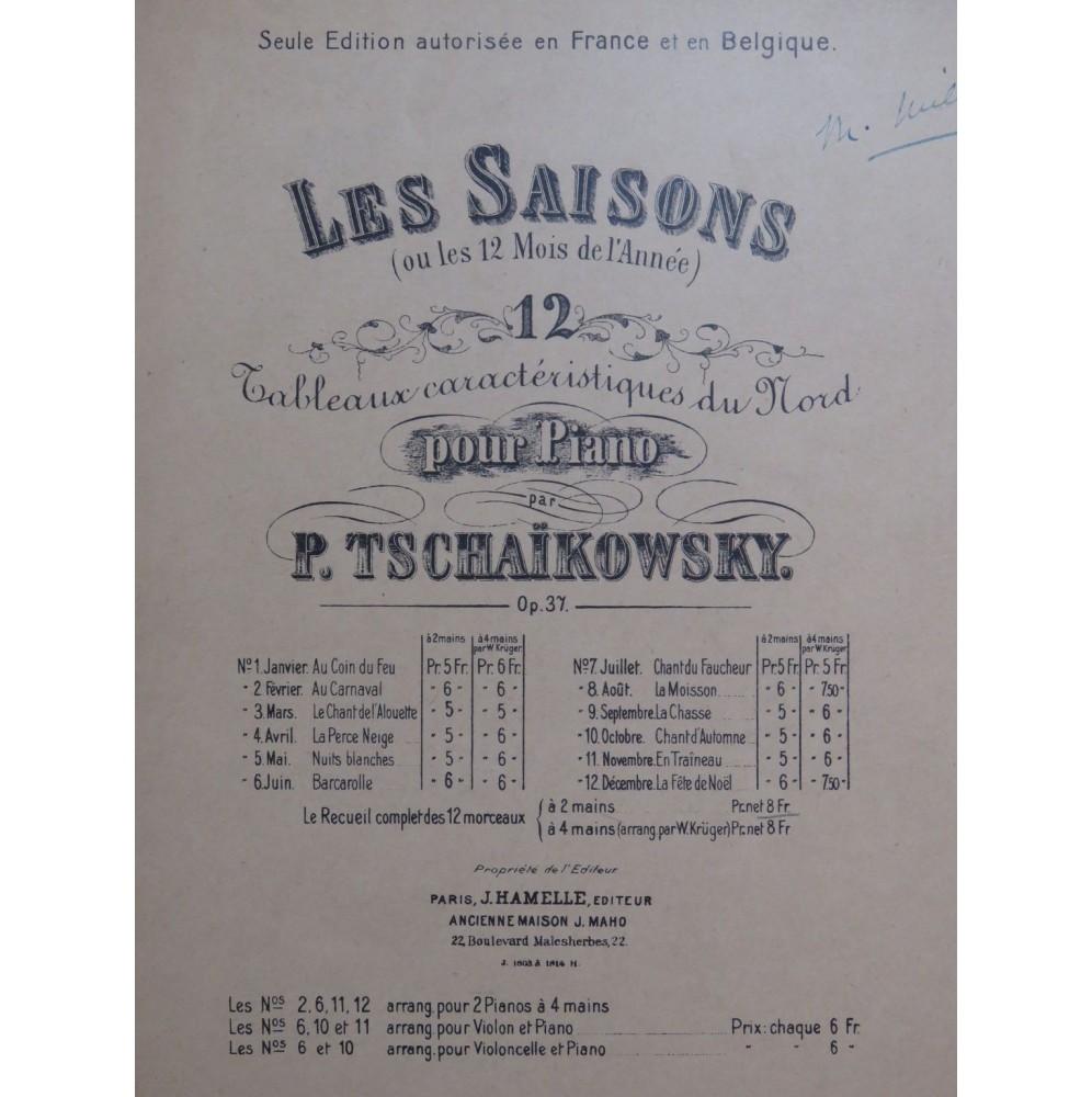 TSCHAIKOWSKY P. I. Les Saisons 12 Pièces pour Piano