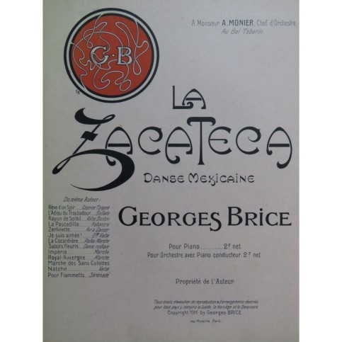 BRICE Georges La Zacateca Piano 1911
