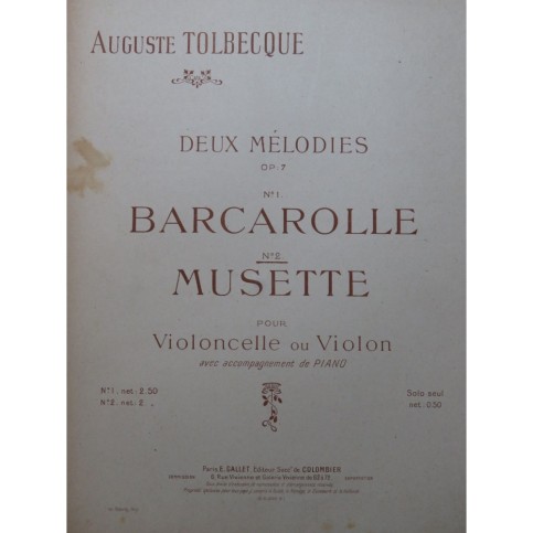 TOLBECQUE Auguste Musette Pastorale Piano Violoncelle