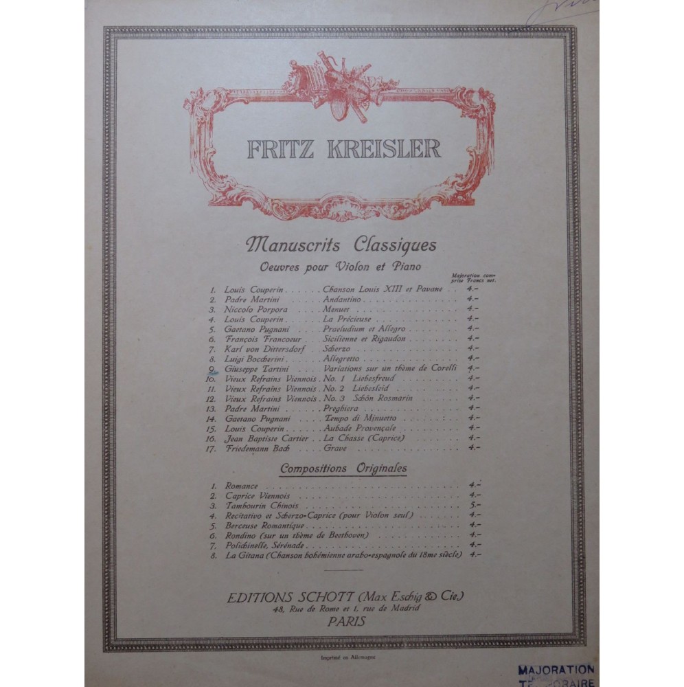 TARTINI KREISLER Variationen Thema von Corelli Piano Violon 1910