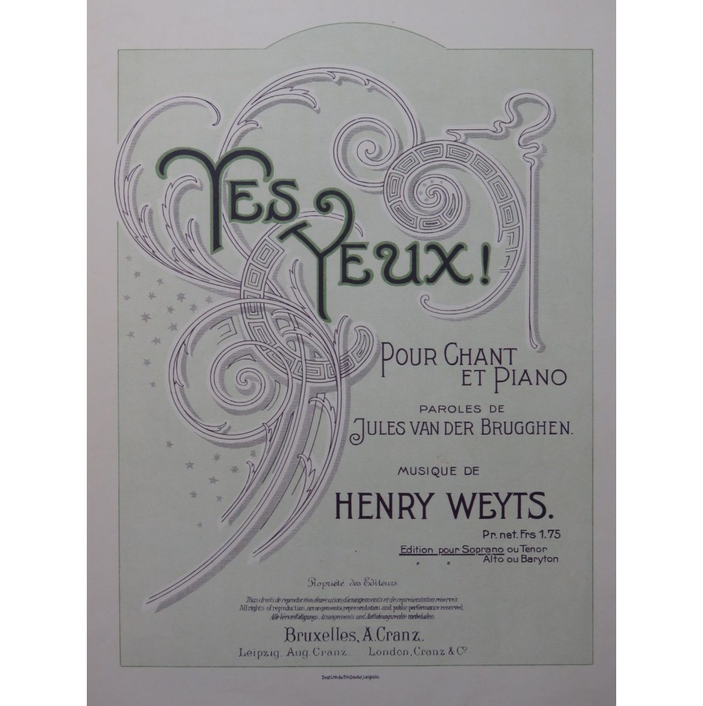 WEYTS Henry Tes Yeux Chant Piano ca1910