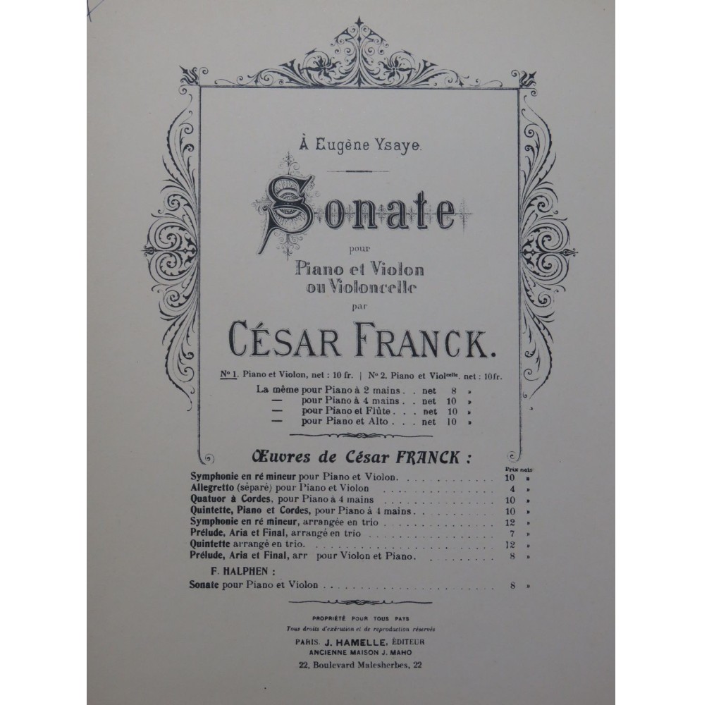 FRANCK César Sonate Violon Piano ca1890