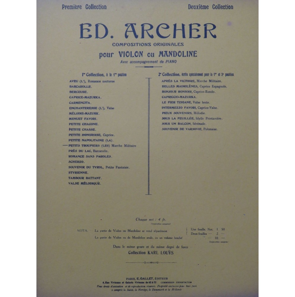 ARCHER Ed. Les Petits Troupiers Violon Piano 1934