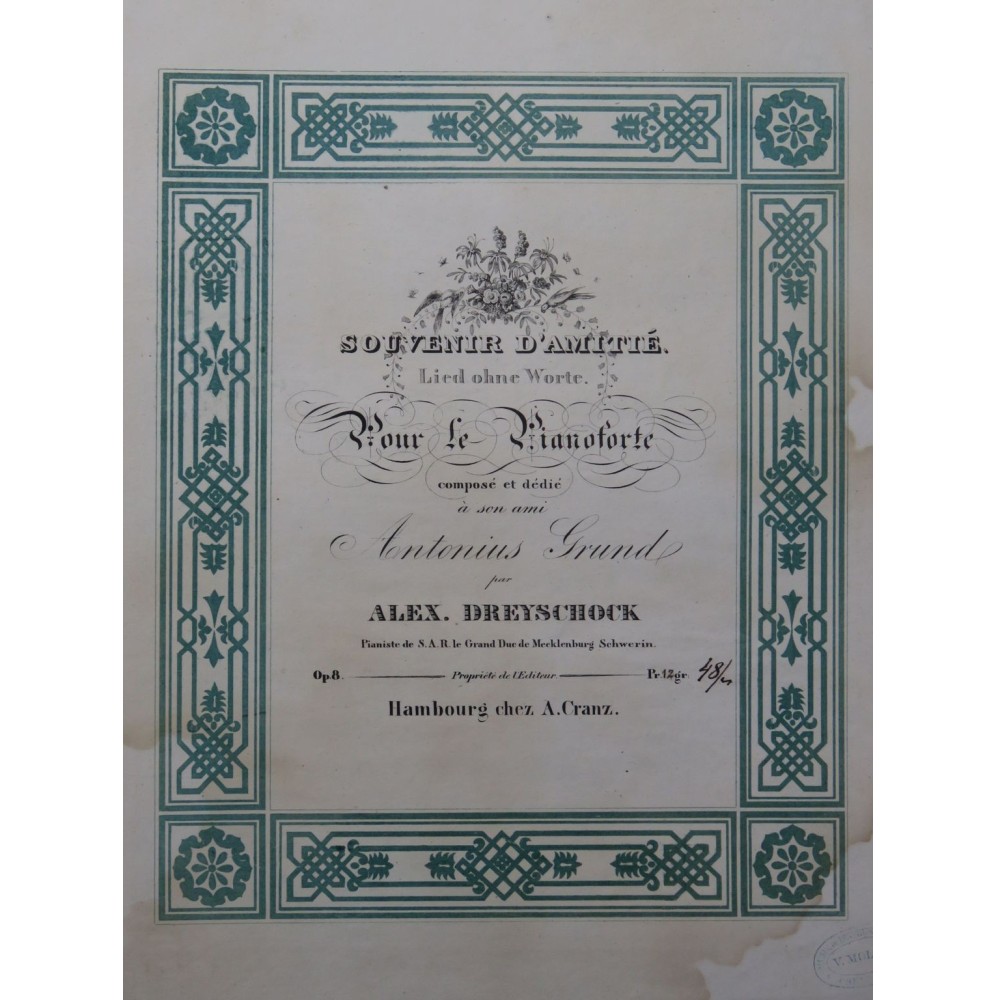 DREYSCHOCK Alexander Souvenir d'Amitié Piano ca1840