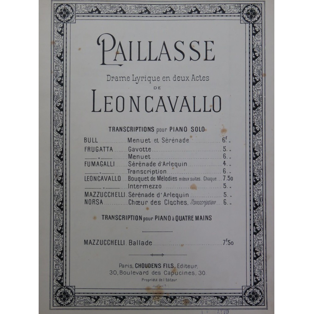 LEONCAVALLO Ruggero Paillasse Bouquet de Mélodies Piano ca1895