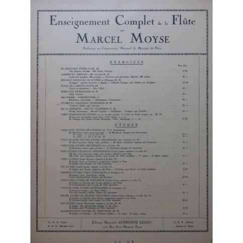 MOYSE Marcel Etudes et Exercices Techniques Flûte 1946