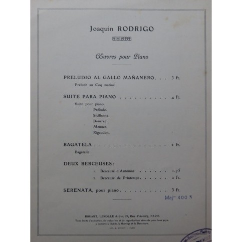 RODRIGO Joaquin Serenata Piano 1931