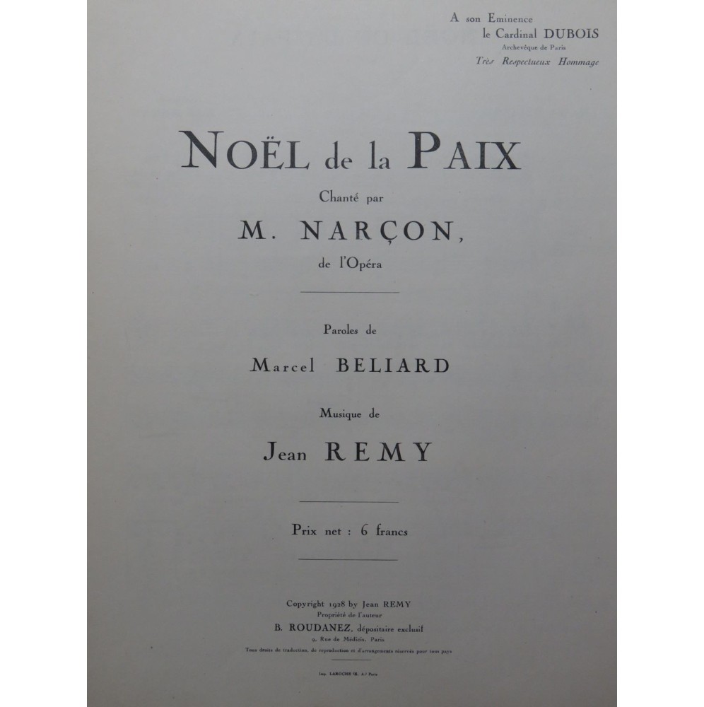 REMY Jean Noël de la Paix Chant Piano 1928
