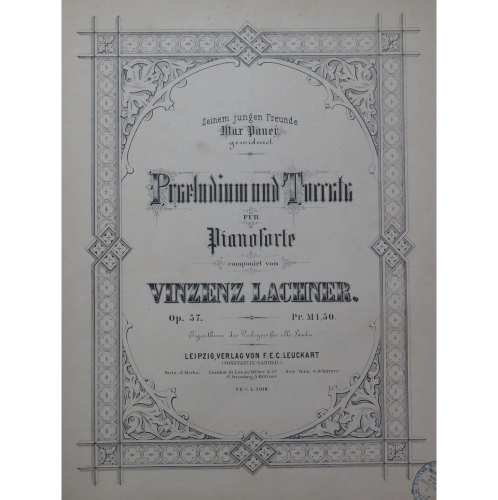 LACHNER Vinzenz Praeludium und Toccata op 57 Piano ca1876