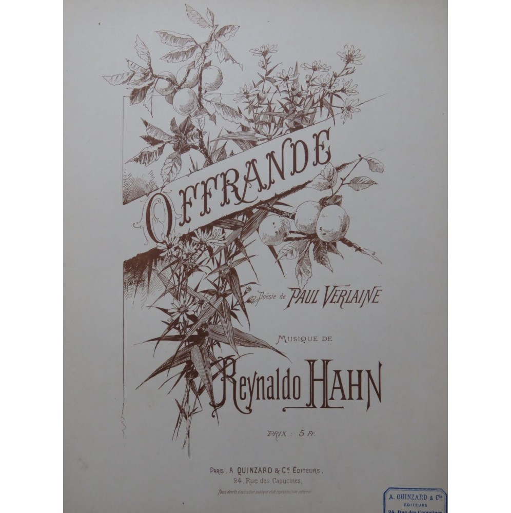 HAHN Reynaldo Offrande Chant Piano ca1890