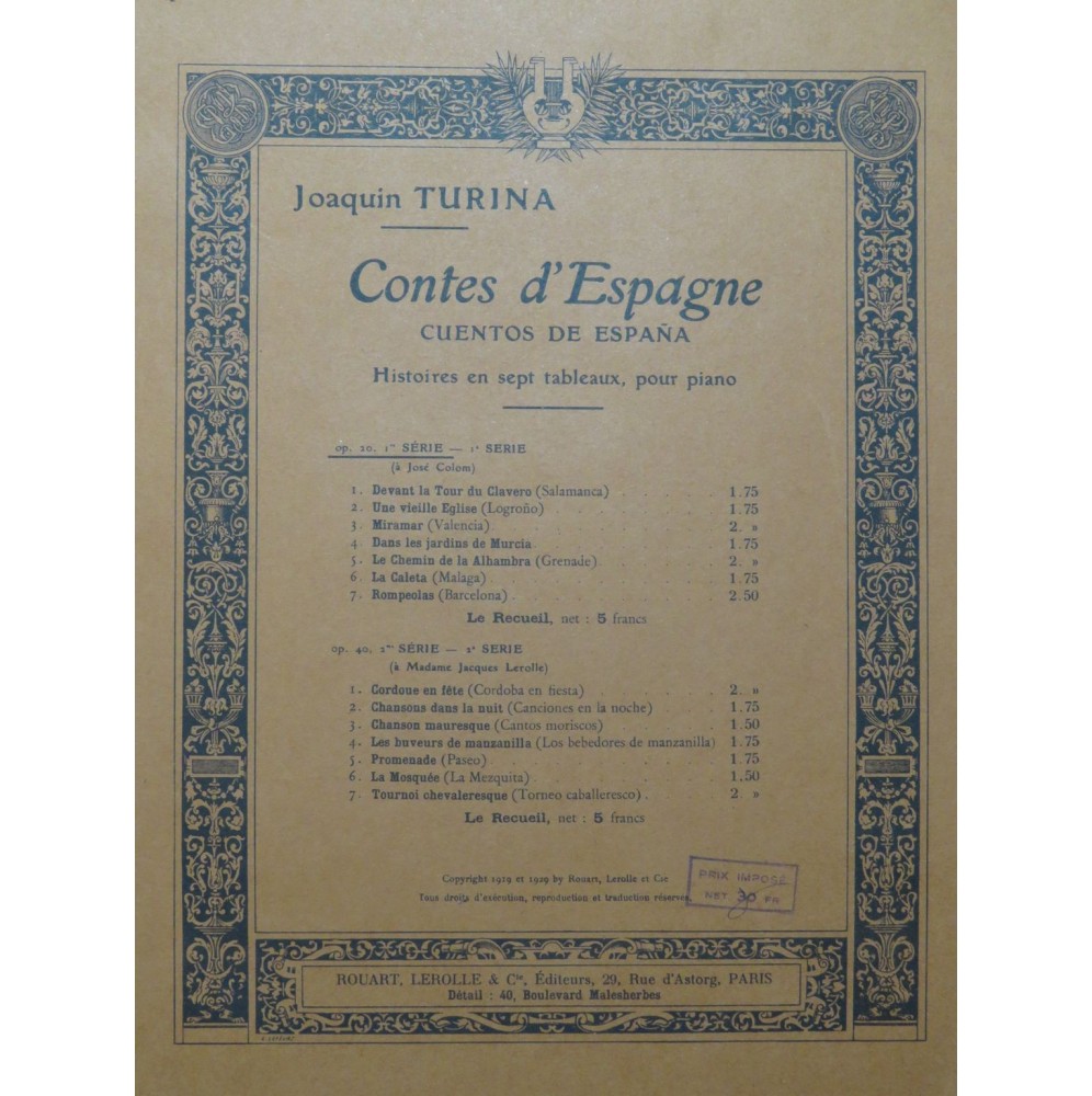 TURINA Joaquin Contes d'Espagne op 20 Série 1 Piano 1929