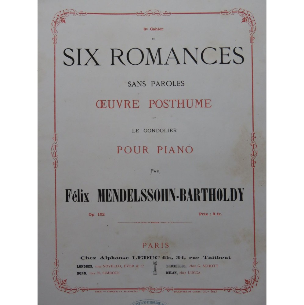 MENDELSSOHN Six Romances sans Paroles op 102 Piano XIXe