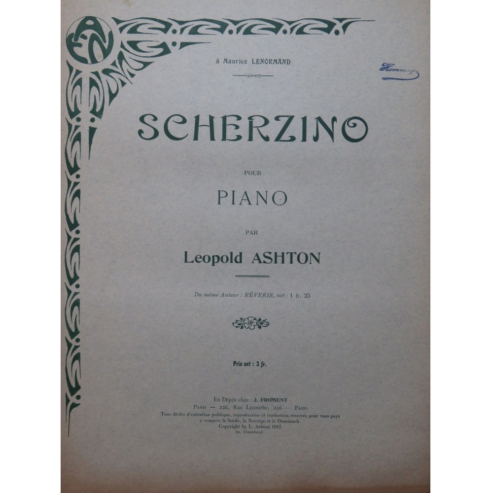ASHTON Léopold Scherzino Piano 1912