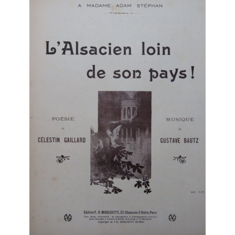 BAUTZ Gustave L'Alsacien loin de son pays ! Chant Piano 1914