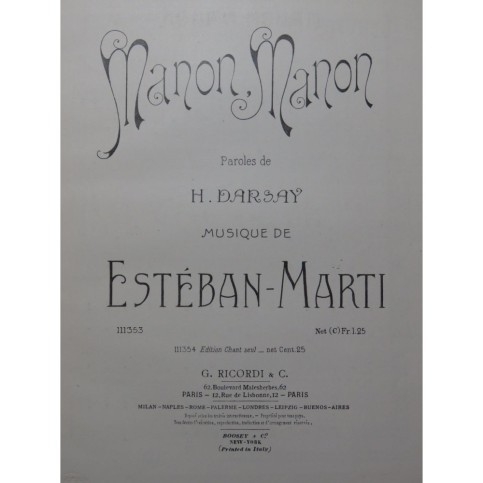 ESTÉBAN-MARTI Manon Manon Chant Piano