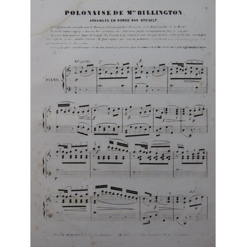 STEIBELT Daniel Polonaise de Mme Billington Piano ca1855
