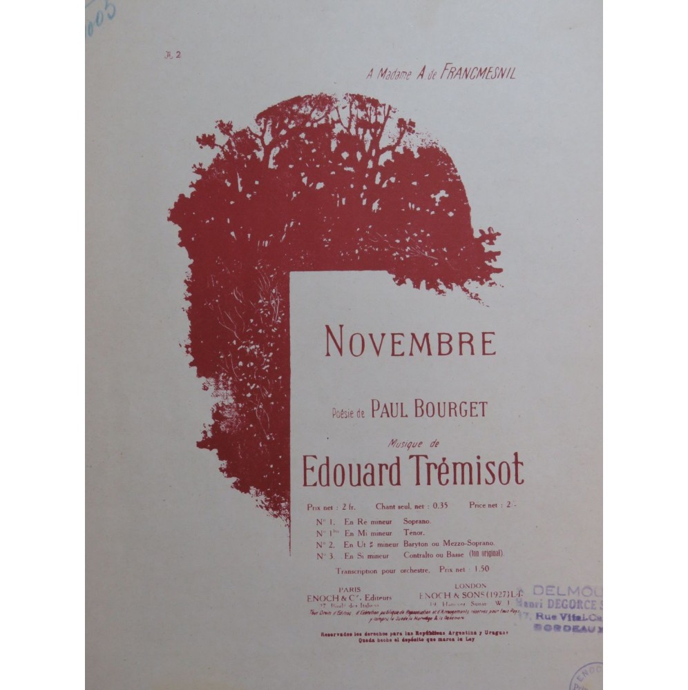 TRÉMISOT Edouard Novembre Chant Piano 1932