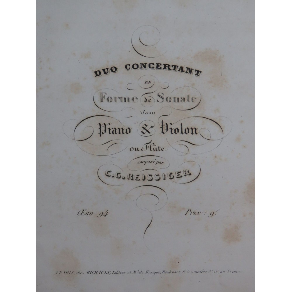 REISSIGER C. G. Duo Concertant op 94 Piano Violon ca1840