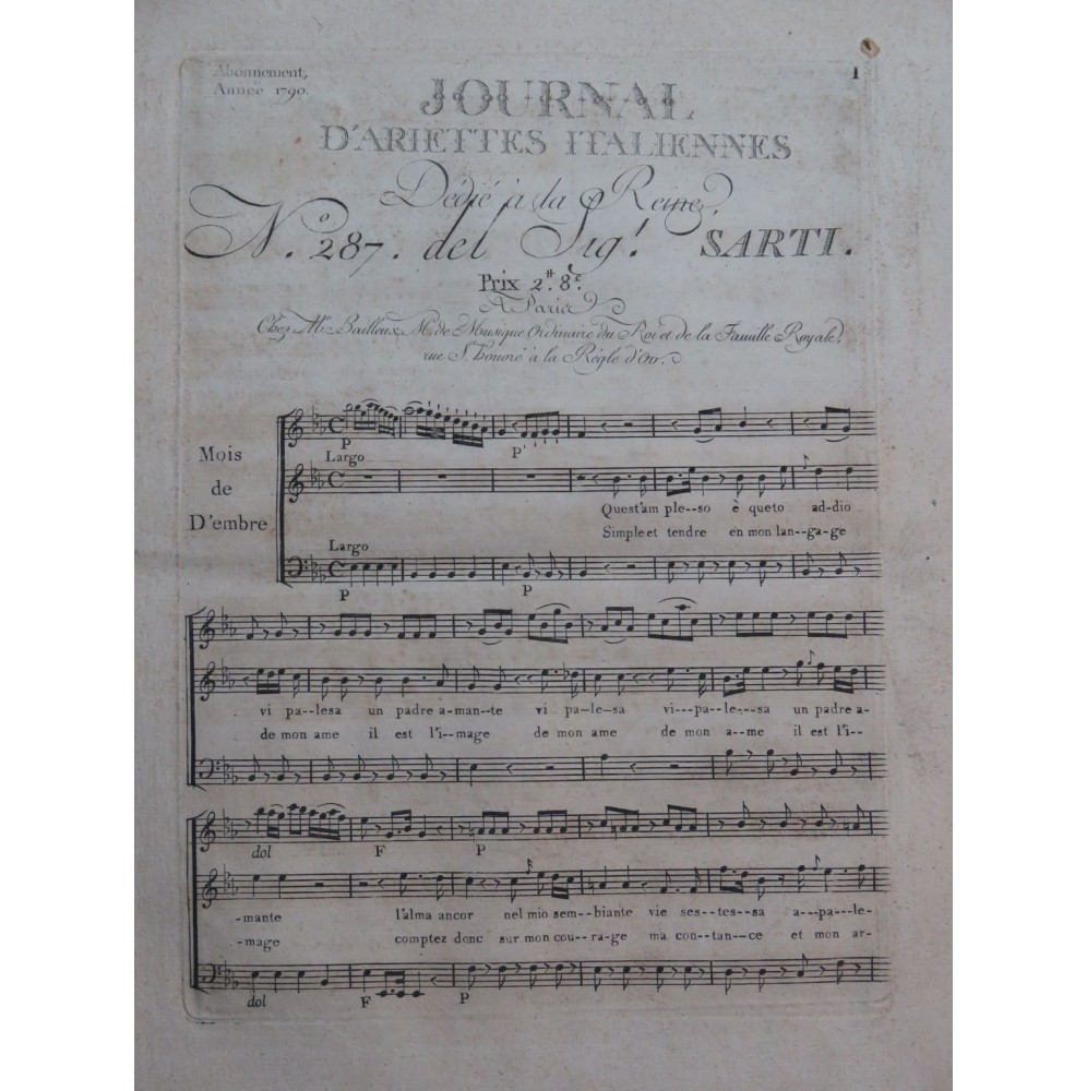 SARTI Giuseppe Quest'am pleso è queto Chant Orchestre 1790