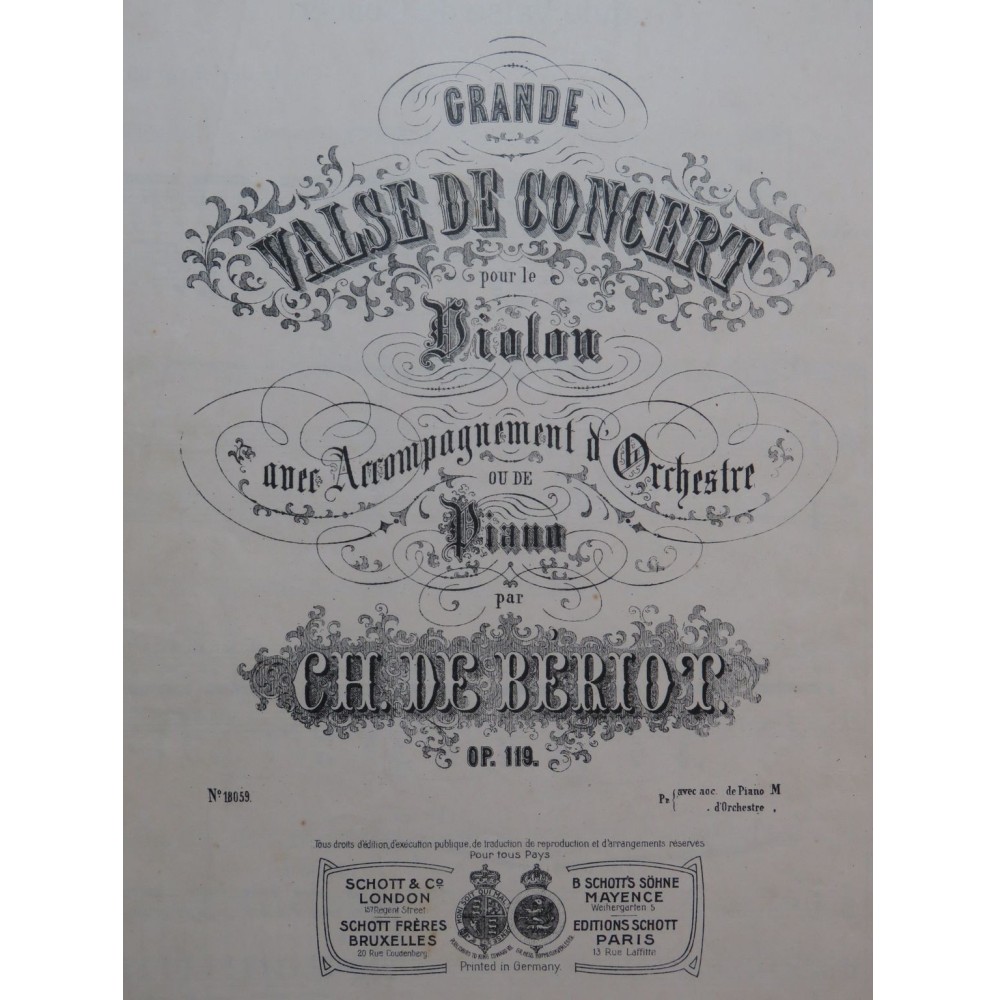 DE BÉRIOT Charles Grande Valse de Concert op 119 Violon Piano ca1906