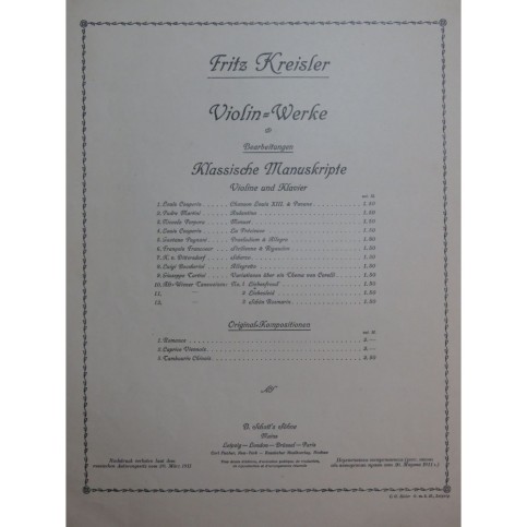 KREISLER Fritz Liebesfreud Piano Violon 1911