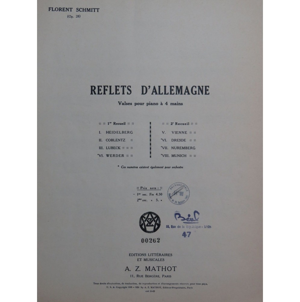 SCHMITT Florent Reflets d'Allemagne Recueil No 1 Valses Piano 4 mains 1926