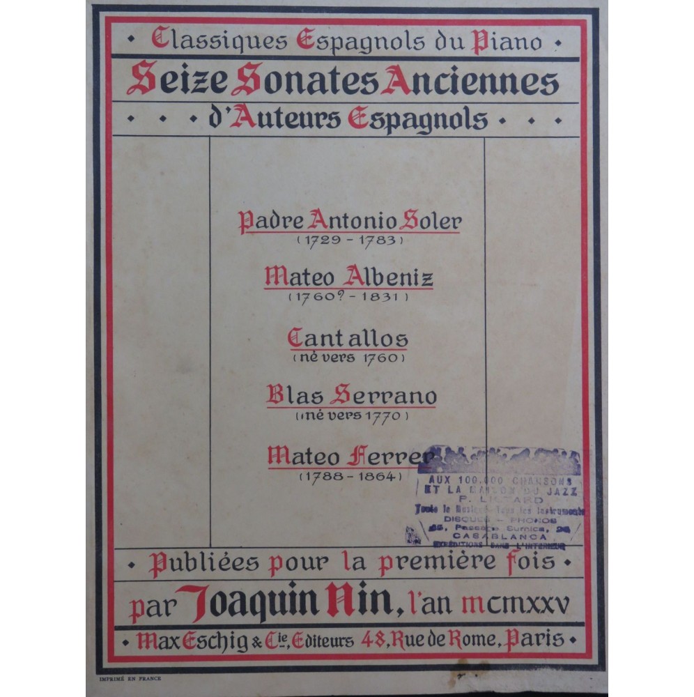 Seize Sonates Anciennes d'Auteurs Espagnols Piano 1925