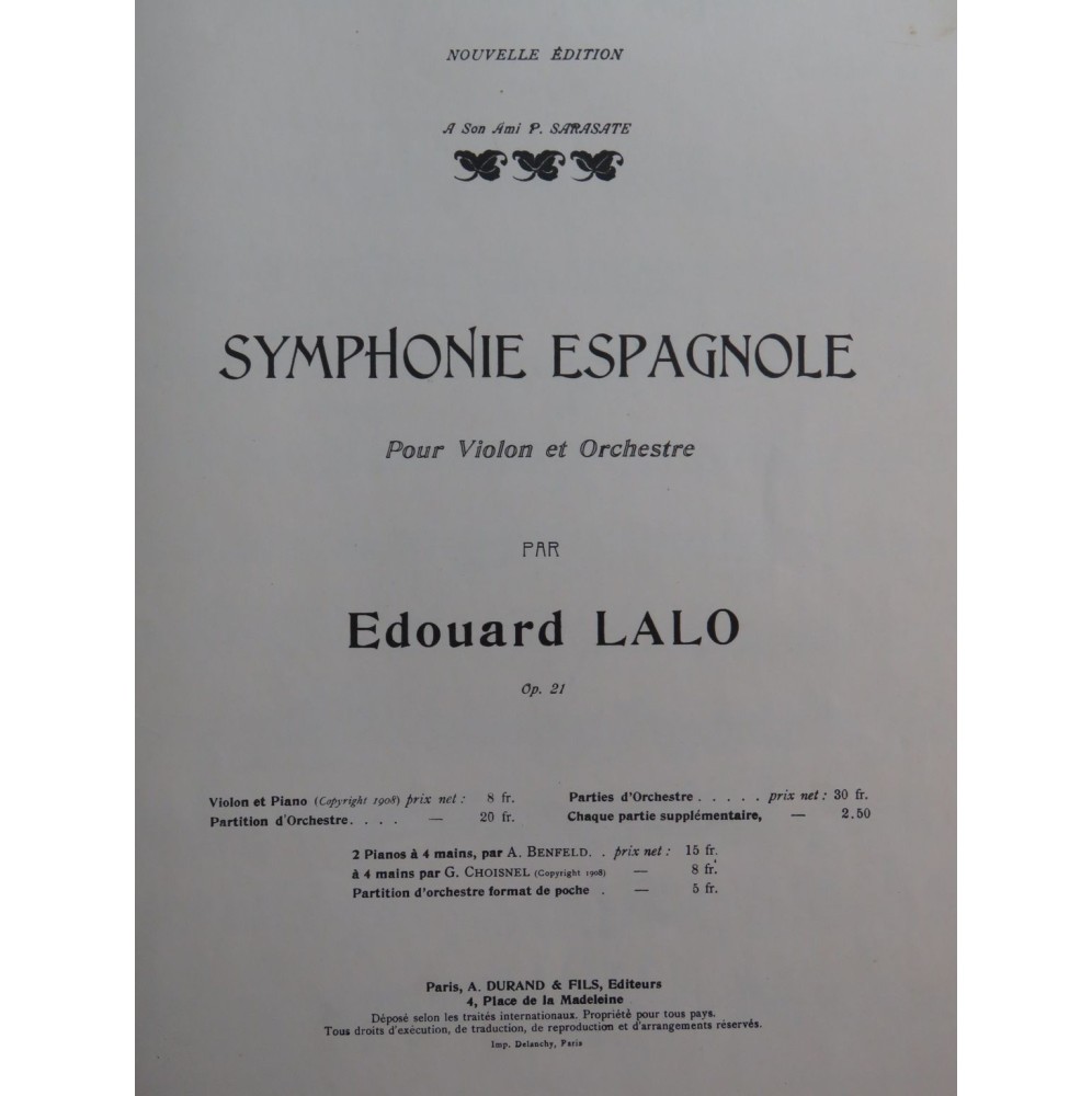 LALO Edouard Symphonie Espagnole op 21 Violon Piano 1908