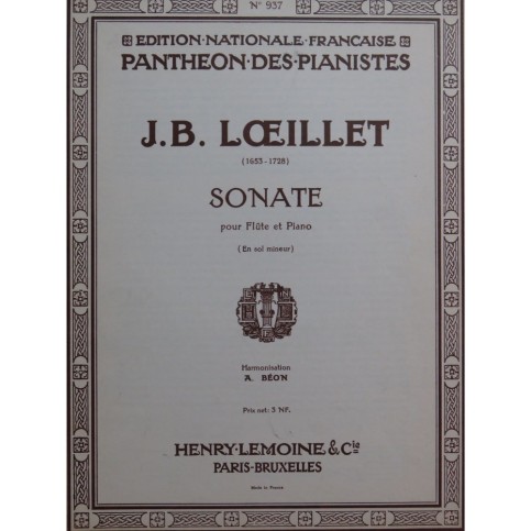LOEILLET J. B. Sonate en Sol mineur Piano Flûte 1961