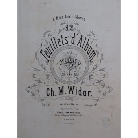 WIDOR Ch. M. Feuillets d'Album op 31 Livre No 1 Piano ca1876