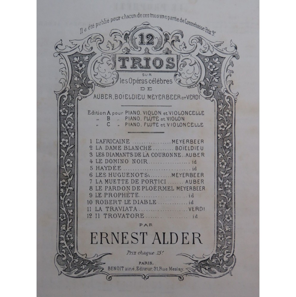 ALDER Ernest Le Prophète de Meyerbeer Trio Piano Violon Flûte XIXe