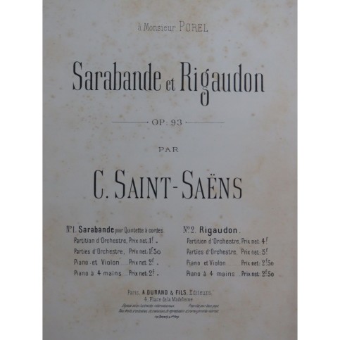 SAINT-SAËNS Camille Sarabande op 93 Piano 4 mains 1893