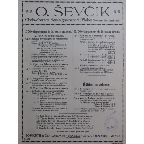 SEVCIK Otakar Changements de positions op 8 Violon 1927