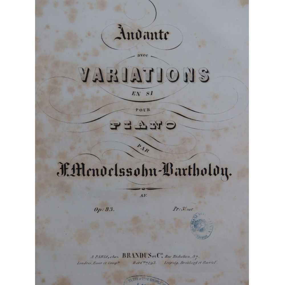 MENDELSSOHN Andante avec Variations op 83 Piano ca1850