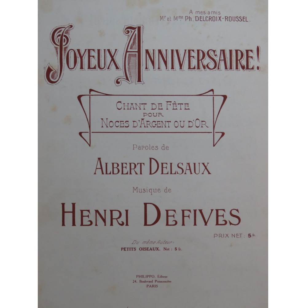 DEFIVES Henri Joyeux Anniversaire Chant Piano
