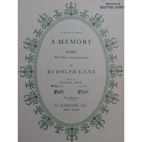 GANZ Rudolph A Memory Chant Piano 1946