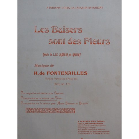 DE FONTENAILLES H. Les Baisers sont des Fleurs Chant Piano 1897
