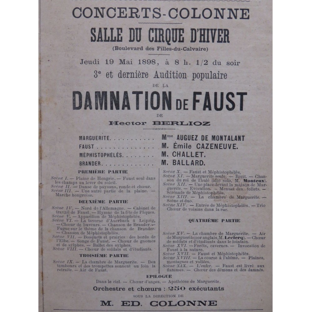 BERLIOZ Hector Programme Concerts Colonne Cirque d'Hiver 1898