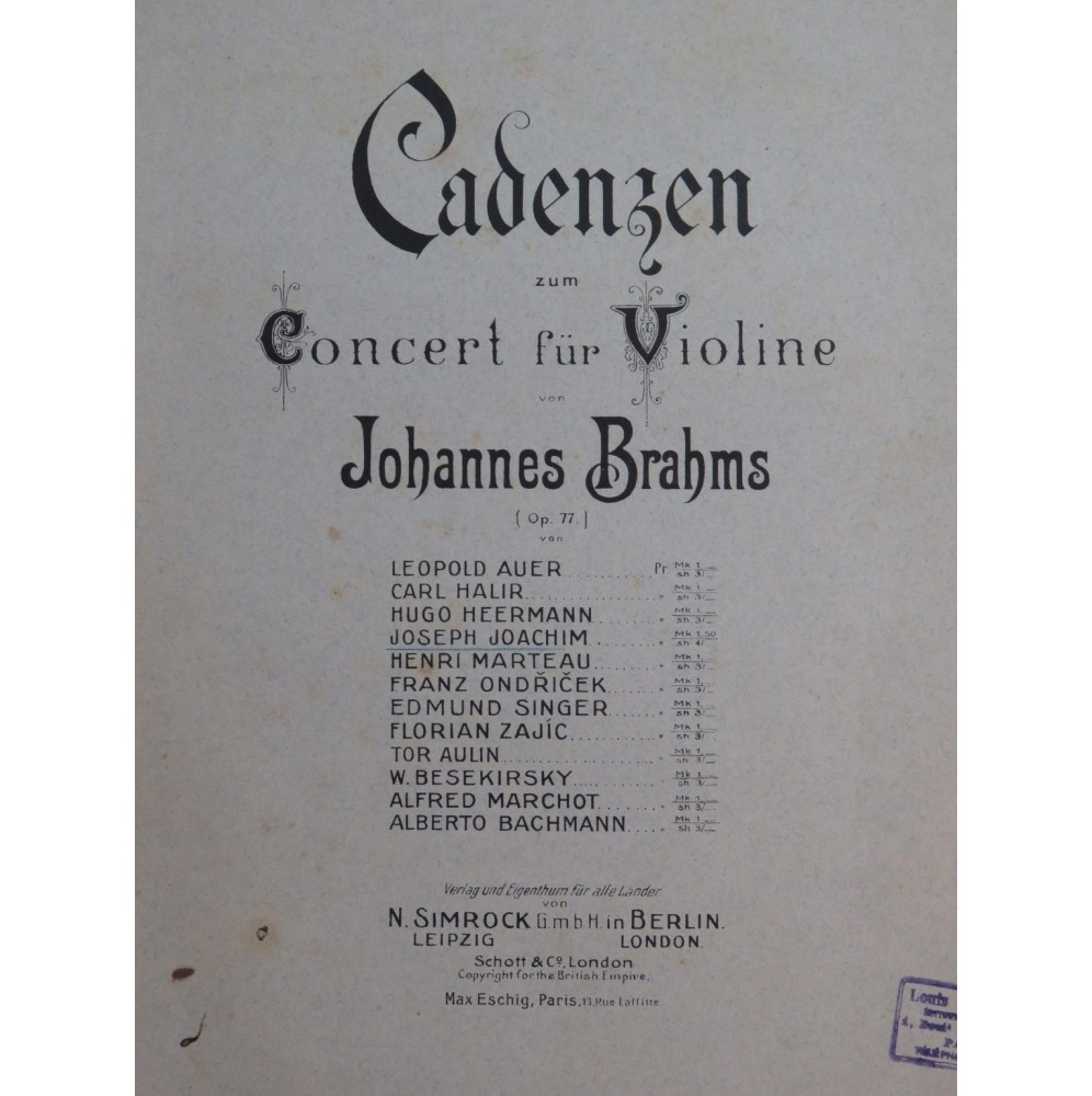 JOACHIM Joseph Cadenz zum Concert für Violine J. Brahms Violon 1902